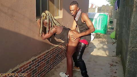 Busty ebony girl with a tattooed pussy and a big cock