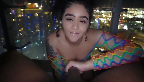 Ebony teen with huge tattooed pussy gets fucked in the car