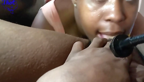 Amateur ebony takes a deep blowjob and gets her cock