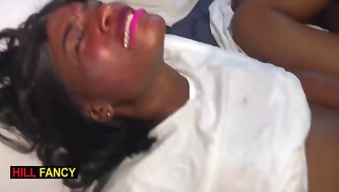 Ebony pornstar with natural hairy pussy fucked in various ways