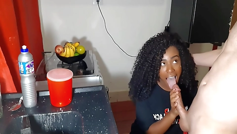 Ebony pornstar giving a great blowjob to her partner