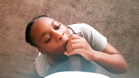 Ebony brunette girl in black stockings sucking big cock