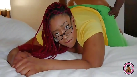 Big boobed ebony with huge booty rides a huge black dick