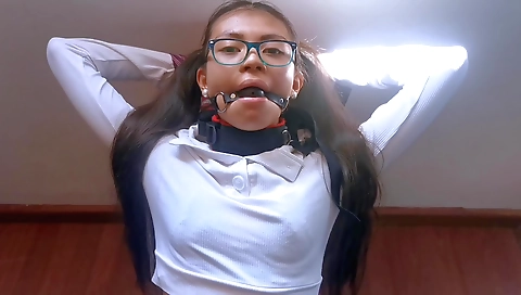 Ebony teen in leather shorts and stockings is gaped