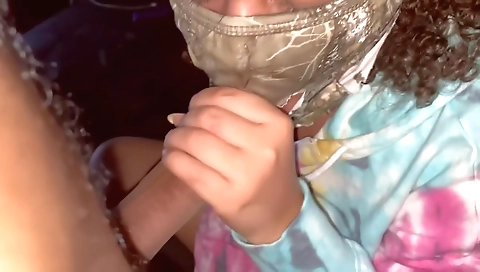 Ebony beauty plays with big cock outside the house