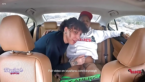 Ebony girlfriend with a big ass in the car sucking cock