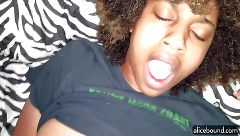 Ebony girl with hairy pussy and black guy with a cock in her