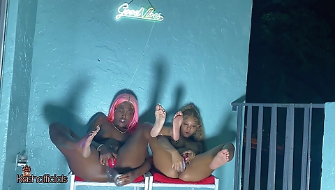 Busty brunette and black girl in stockings go down stairs