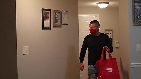 Ebony girl giving a blowjob to the door dash delivery guy